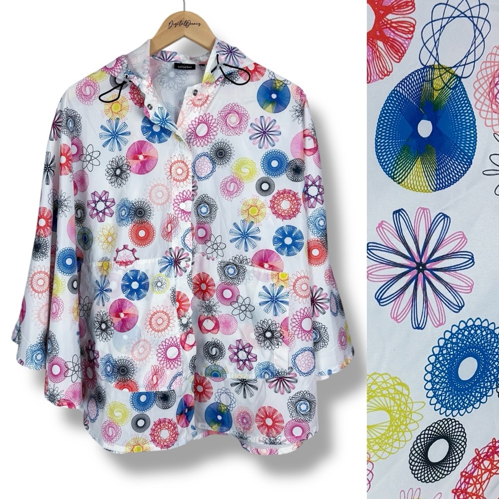 Kate Spade Saturday Hooded Geometric Rain Poncho Cape Colorful White Pink OS